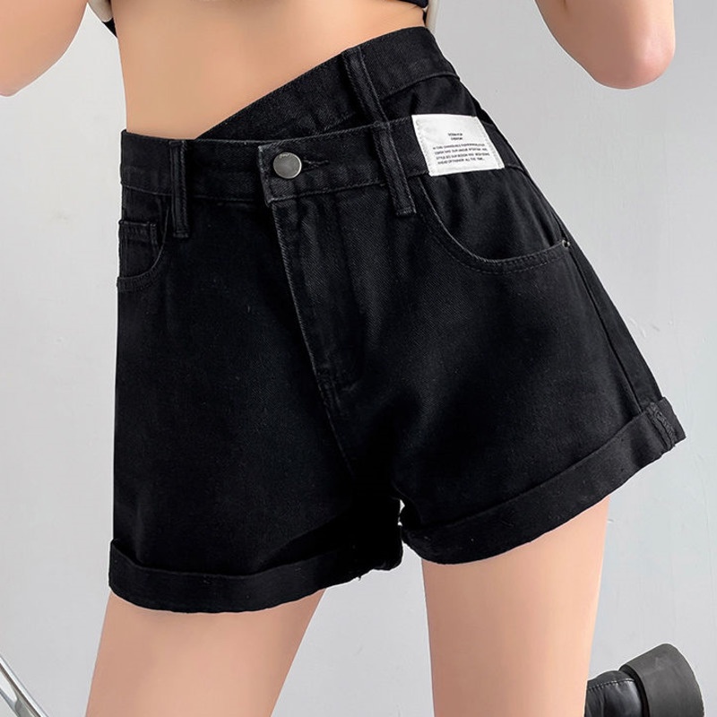 Quần Short Denim Bất Đối Xứng 164256 Quần Short Nữ Lưng Cao Dáng Chữ a Thời Trang