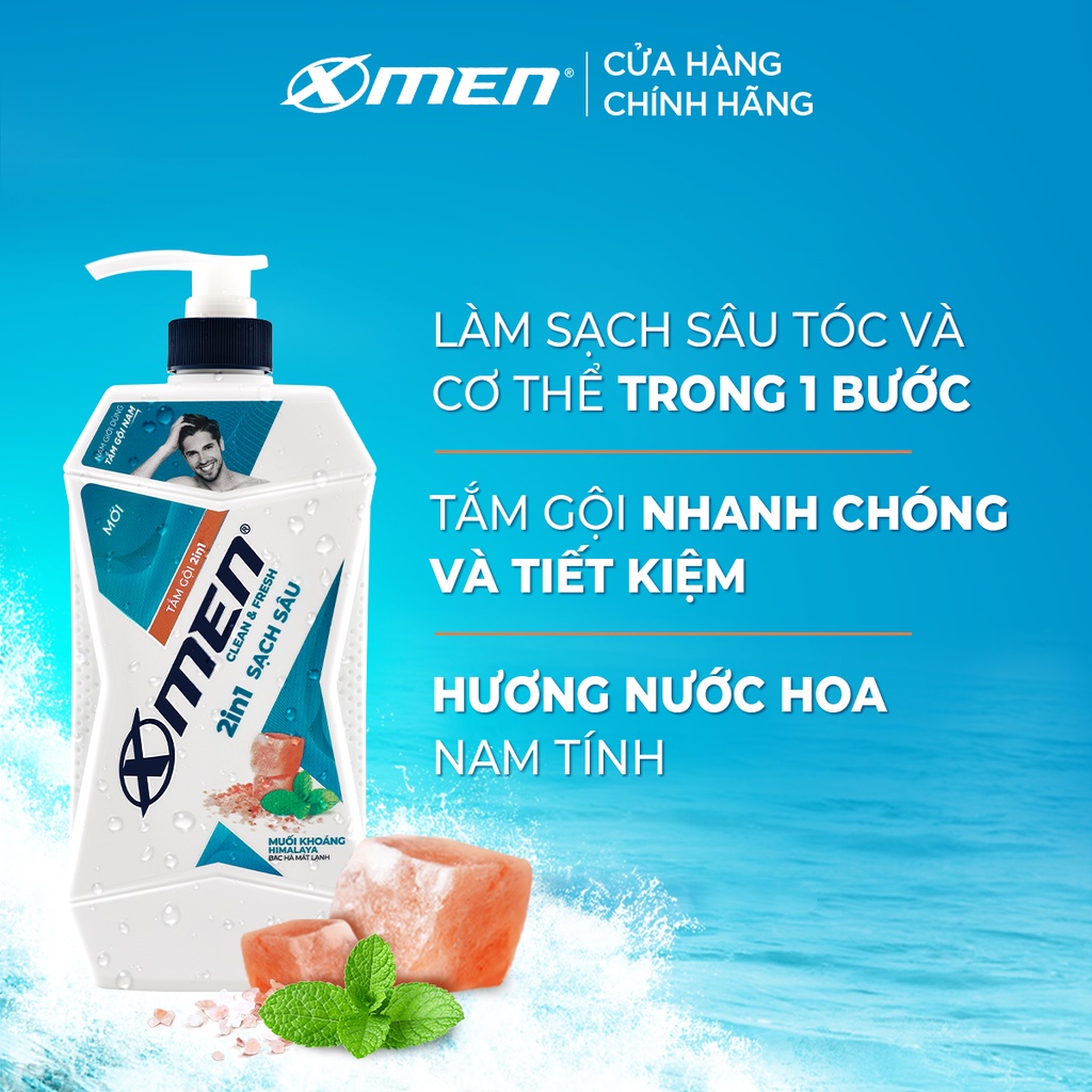 Combo 2 Tắm Gội X-Men Clean &amp; Fresh 2in1 Sạch Sâu 630g/chai