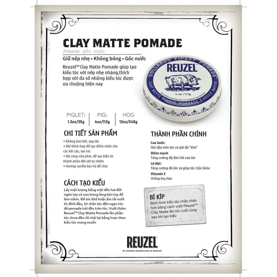 [ Full Size ] Sáp Vuốt Tóc Nam REUZEL Clay Matte Pomade + Xịt Dưỡng Tóc Reuzel Tonic 20ml + Lược Chải Tóc Pomade