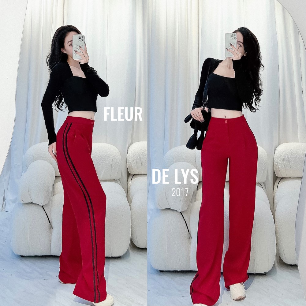 Quần suông ống rộng nữ lưng cao Delys quần ống rộng đỏ phối viền sọc đen