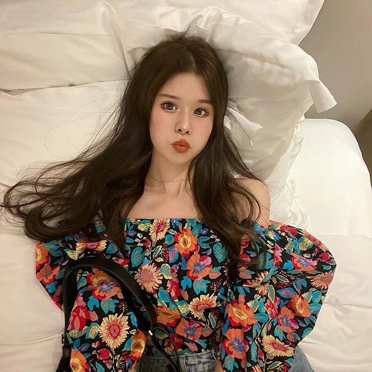 Áo Trễ Vai Tay Phồng Họa Tiết Hoa Hướng Dương Thời Trang Phong Cách Hàn Quốc Mới Cho Nữ