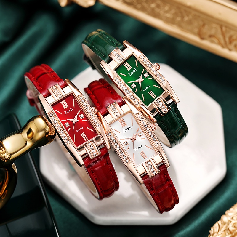 Đồng Hồ Đeo Tay Mặt Vuông Nhỏ Màu Xanh Lá Phong Cách Retro Đơn Giản Cho Nữ
