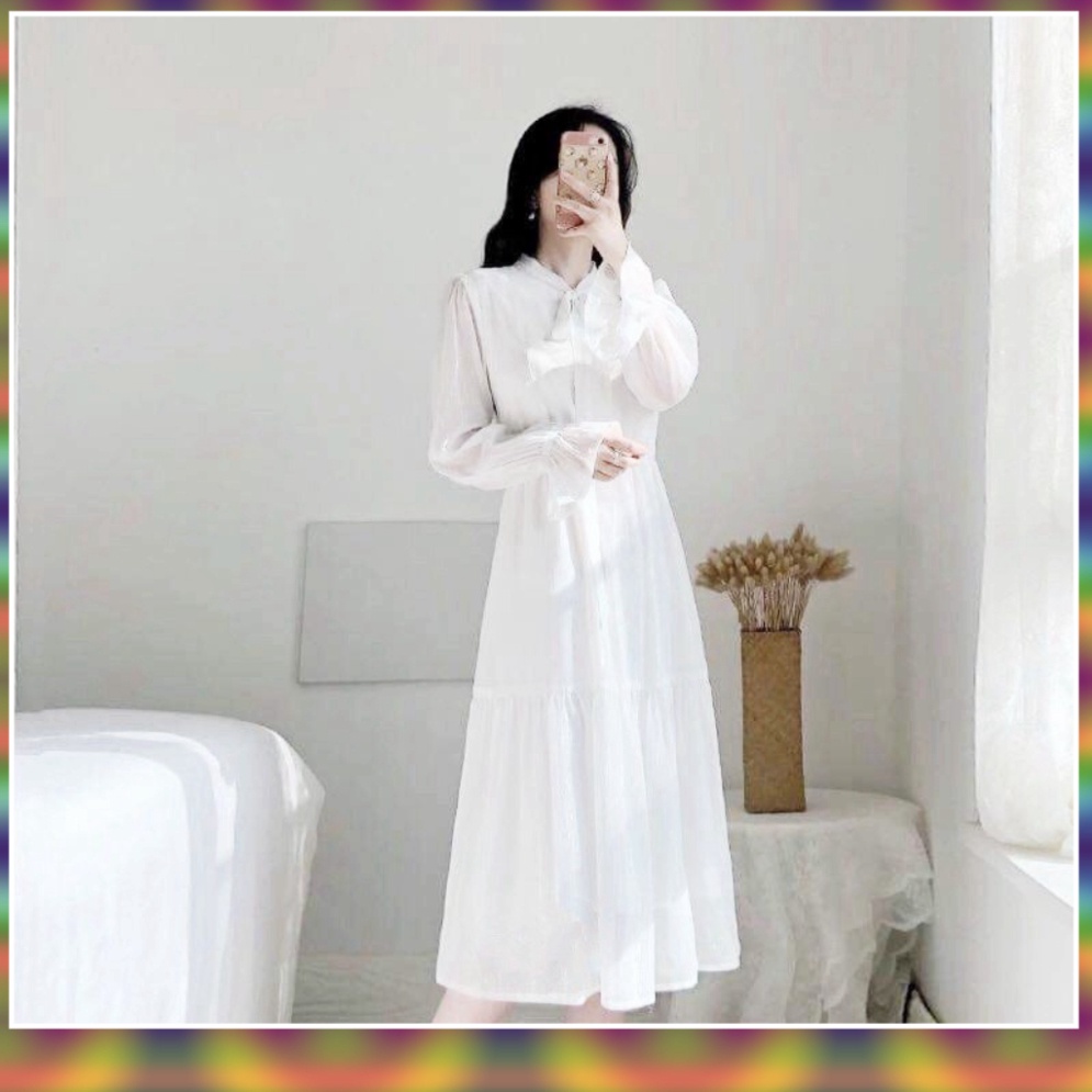 Set Váy Xinh Dạ Hội Đi Học | Váy Babydoll Nữ Dài Tay Buộc Nơ Dáng Suông - Yumi Dress - Đầm Maxi Tay Chun Bèo Tầng