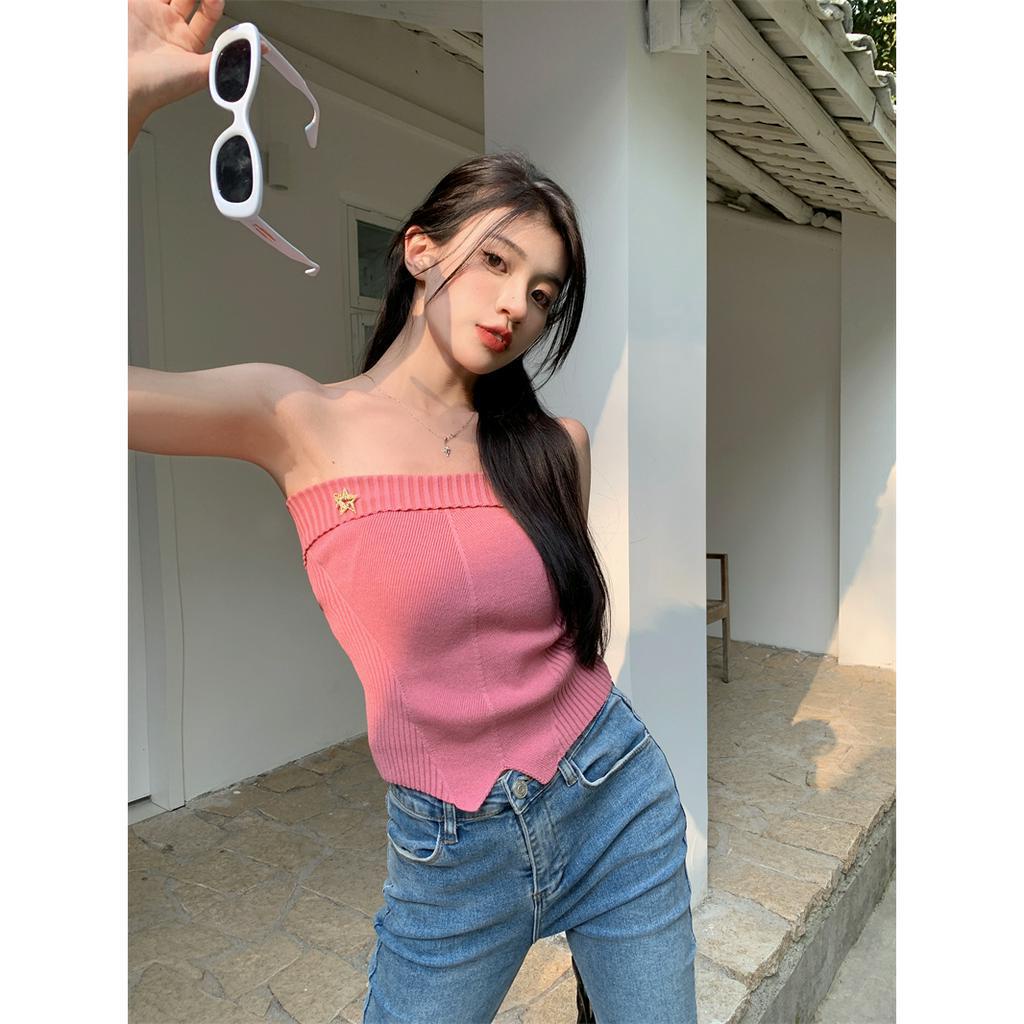 HUANG YOYO Áo Croptop Dệt Kim Hở Vai Dáng Ôm Hở Lưng Thời Trang Mùa Hè Quyến Rũ Cho Nữ