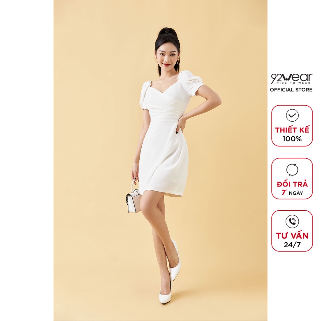 Váy xòe tay bồng 92WEAR, xếp ly thân trước thanh lịch, trẻ trung DEA1676