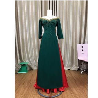 Áo dài xanh💥FREESHIP💥áo tủa cổ đính kết cổ phối