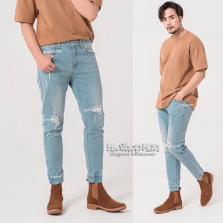 Quần jean nam routine rách gối xanh nhạt kiểu jean nam bó gấu dáng slimfit