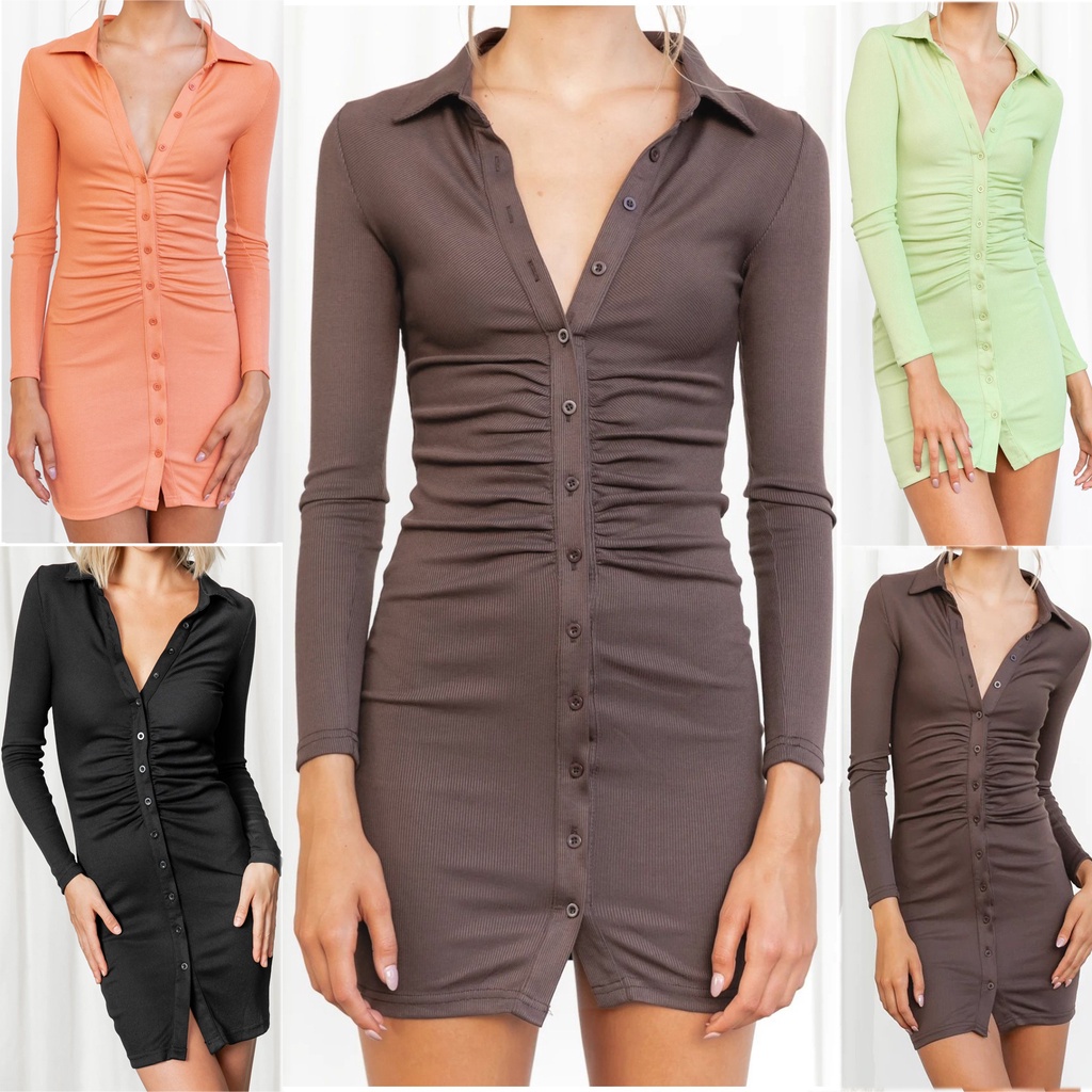 Đầm Sơ Mi Một Mảnh Tay Dài Cổ Bẻ Màu Trơn Cho Nữ Size S / M / L / Xl