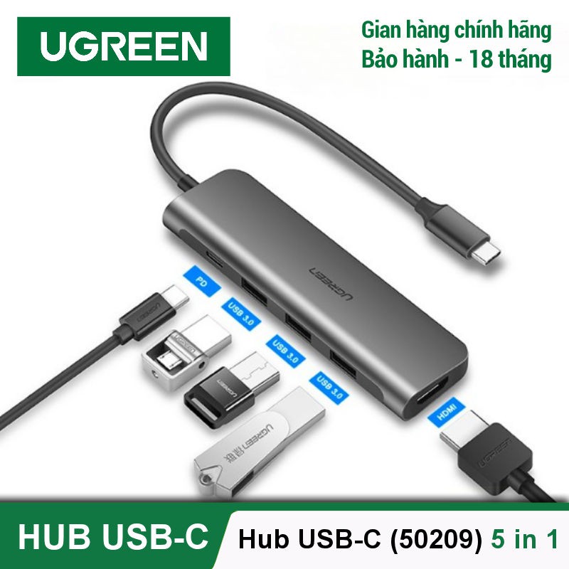 Bộ chuyển USB-C to HDMI 4K kèm Hub USB 3.0 Cao Cấp Ugreen 50209 CM136 PD60W Type C