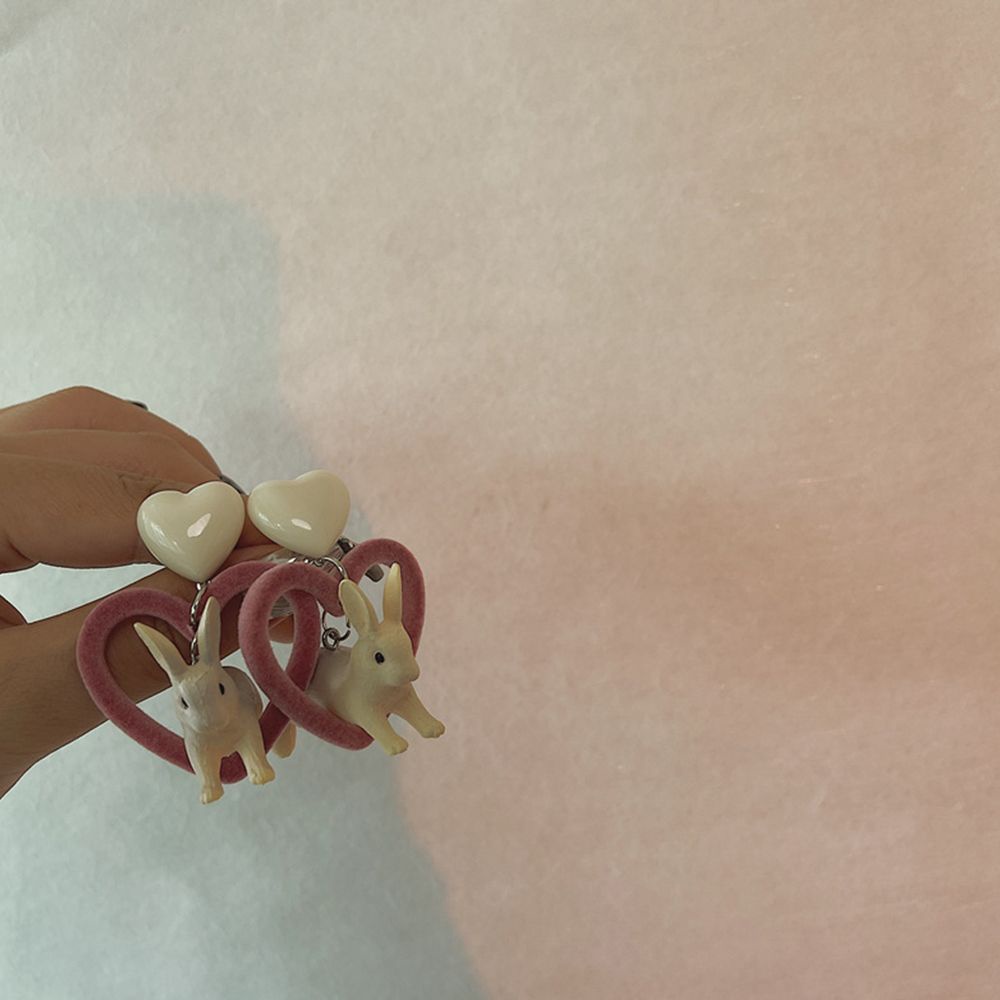 Khuyên tai ba chiều bằng nhựa resin hình thỏ trắng trái tim thời trang Harajuku Hàn Quốc cho nữ