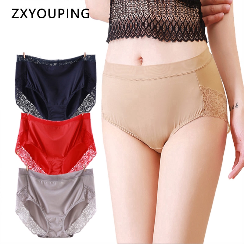 Mid High Waist Polyester Panties Women Lace Seamless Underwear Plus Szie Double Layer Mesh Delicate Milk Silk Fabric 95-200Kg