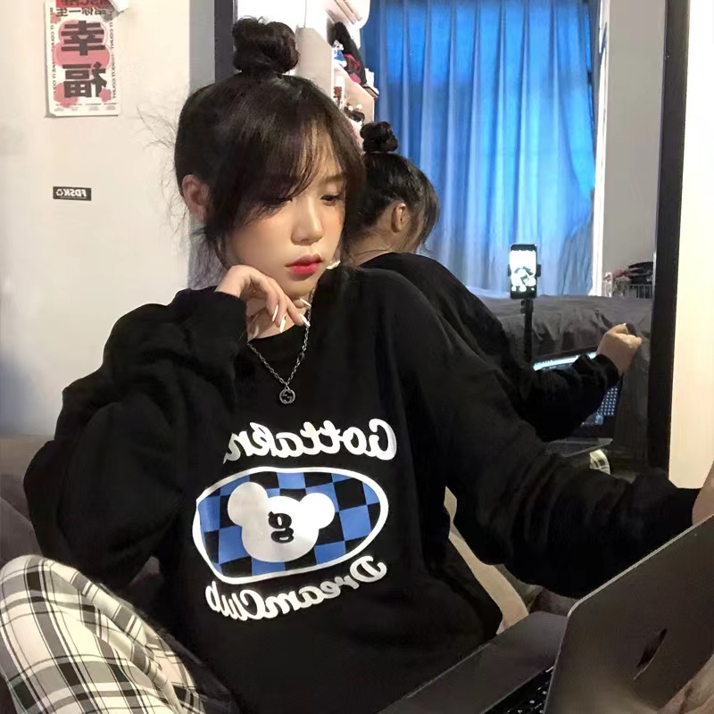 ZHELIHANGFEI Áo Thun Tay Dài Form Rộng Họa Tiết Theo Phong Cách Preppy Dễ Phối Đồ