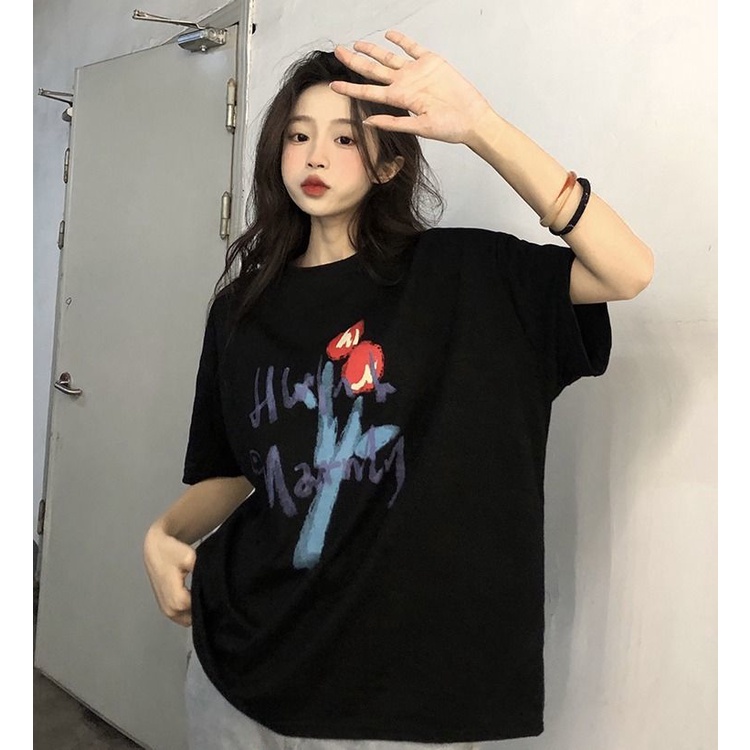 Áo Thun Tay Lửng Cổ Tròn In Hình Hoa Tulip Thời Trang Cho Nữ