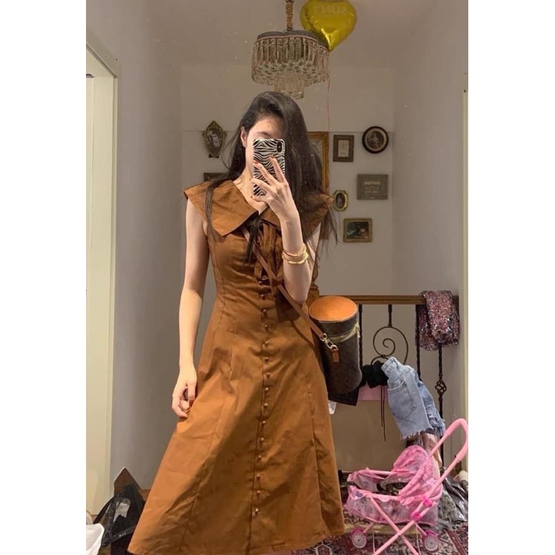 {Có Sẵn}Váy thô nâu cổ nơ vạt bèo sát nách kèm video+ hình thật