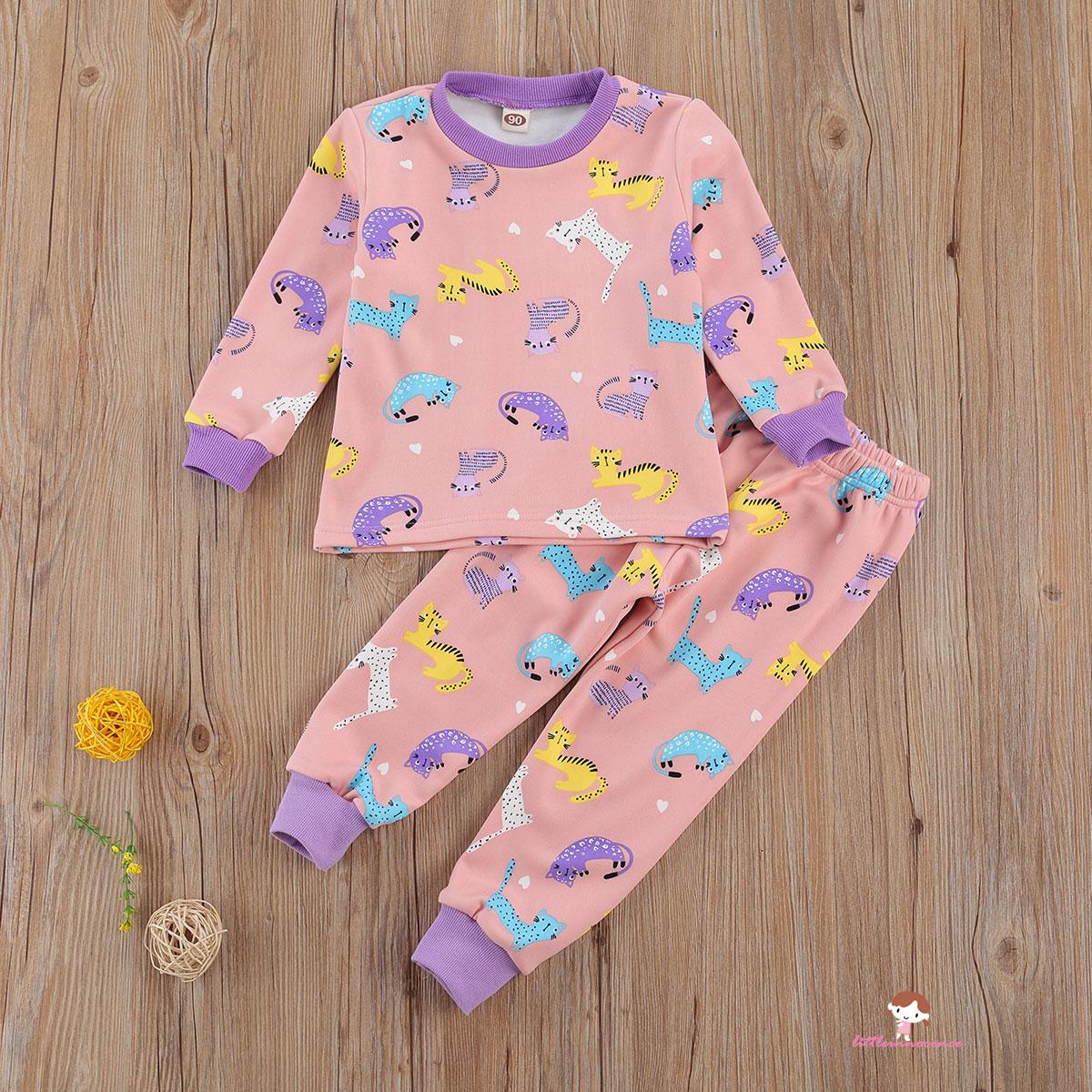 Bộ Đồ Ngủ Pijama Dài Tay Cổ Tròn Họa Tiết Hoạt Hình Cho Bé Gái Từ 2-7 Tuổi