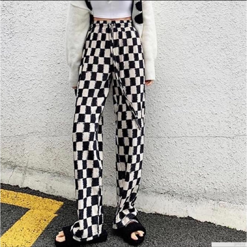 Quần culottes dài nữ lưng chun ống suông sọc caro - Order taobao quảng châu