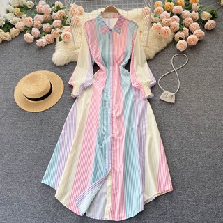 Phong Cách Hàn Quốc Nữ Mùa Thu Dài Tay Cầu Vồng Sọc Maxi Áo Sơ Mi Dài Có Sẵn Hàng Mới