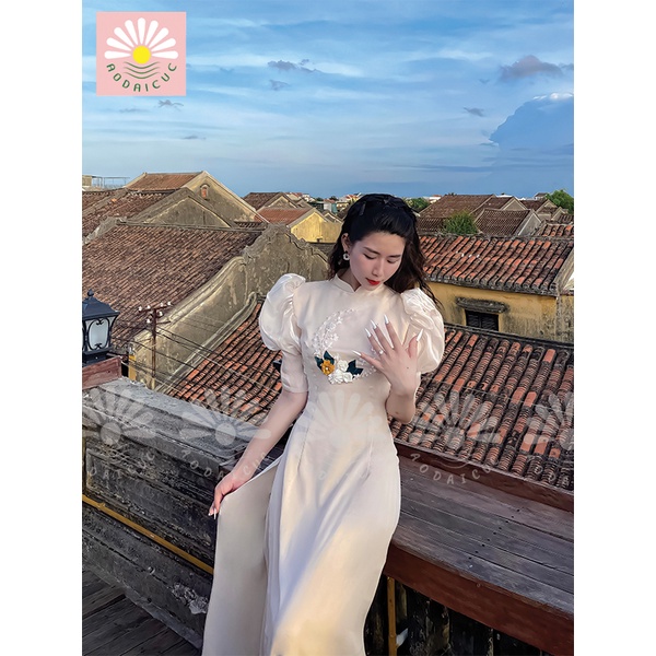 Áo dài lụa tây thi tay bồng đính hoa ngực thời trang cao cấp