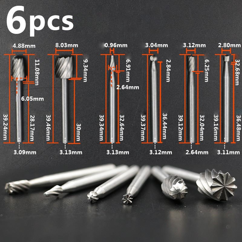 Set 6 mũi khoan mài xoắn HSS mini điêu khắc gỗ chuôi 3mm