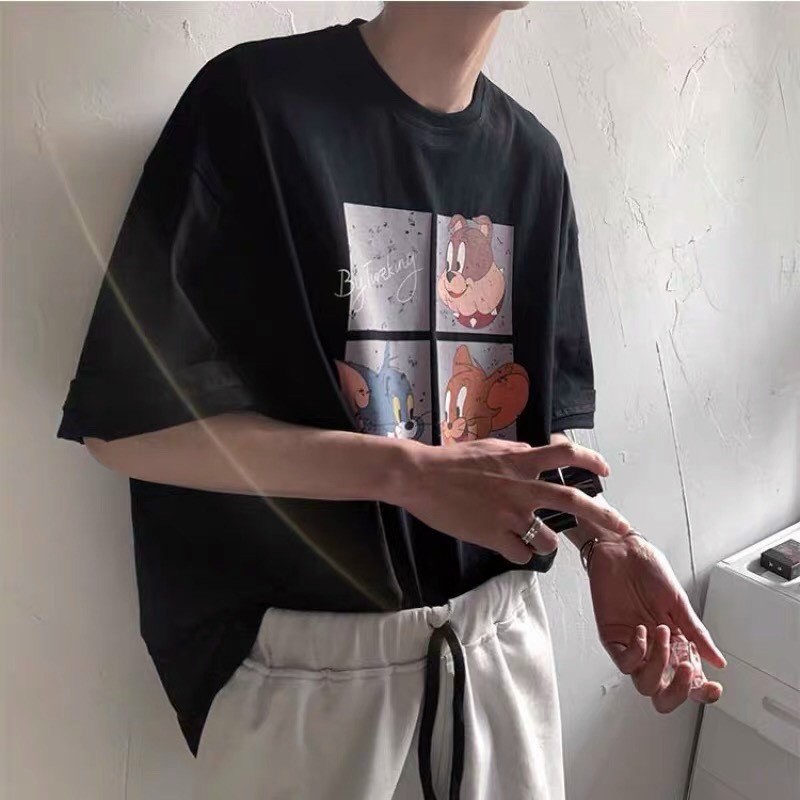 Áo phông form rộng tay lỡ unisex - Áo thun in hình cún tom và chery - Sỉ áo thun số lượng lớn