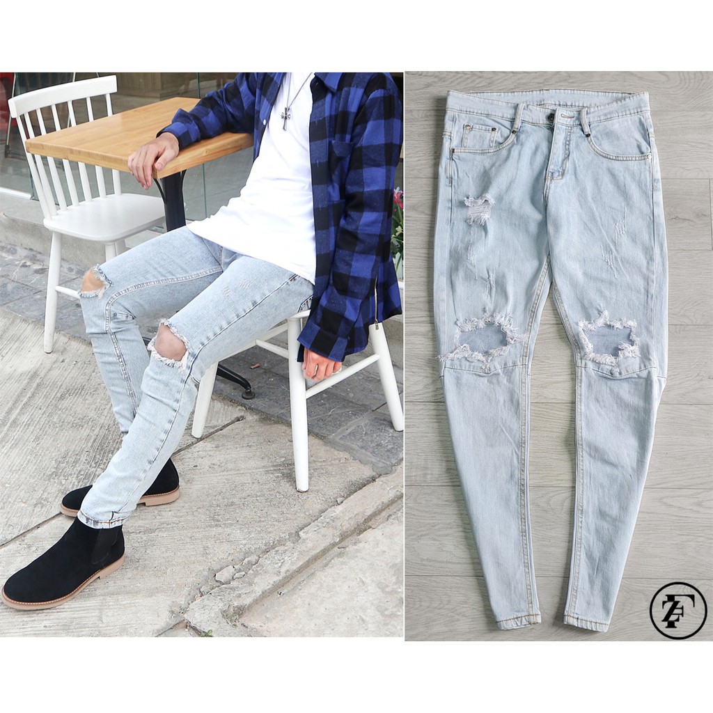 Quần jean nam rách gối xanh zipper (QJ3) | BigBuy360 - bigbuy360.vn