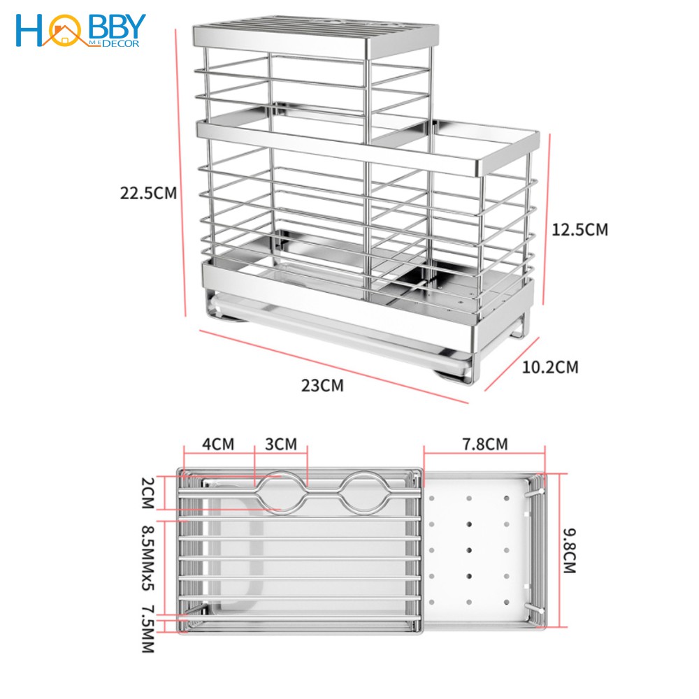 Kệ đựng đũa muỗng dao kéo 2 ngăn HOBBY KDM Inox 304 kèm khay hứng nước - mẫu cao cấp