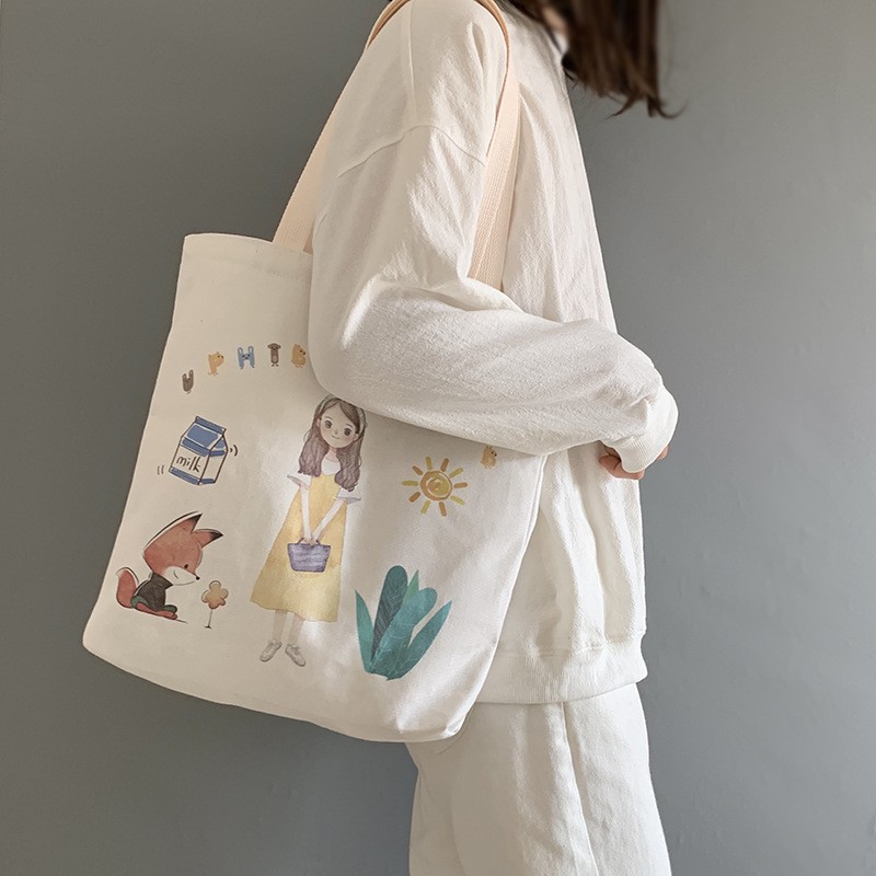 Túi đeo một bên vai bằng vải canvas in họa tiết dễ thương phong cách harajuku thời trang dành cho nữ
