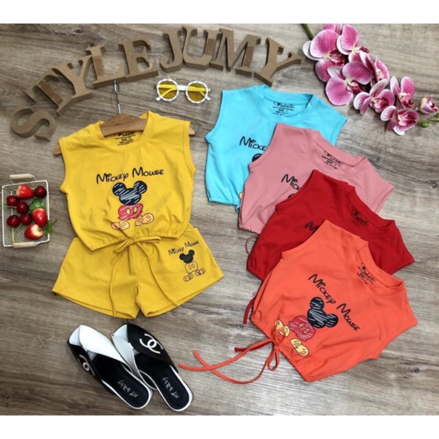 SIZE 1-12 (10-40KG) ĐỒ BỘ BÉ GÁI ÁO SÁT NÁCH DẠNG CROPTOP QUẦN ĐÙI THUN COTTON IN HÌNH MICKEY