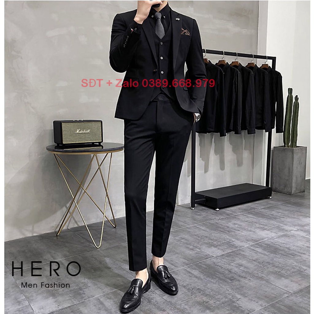 ( Hà Nội ) Bộ vest nam cao cấp vải xịn màu đen. Bộ suit nam thanh niên dáng ôm.