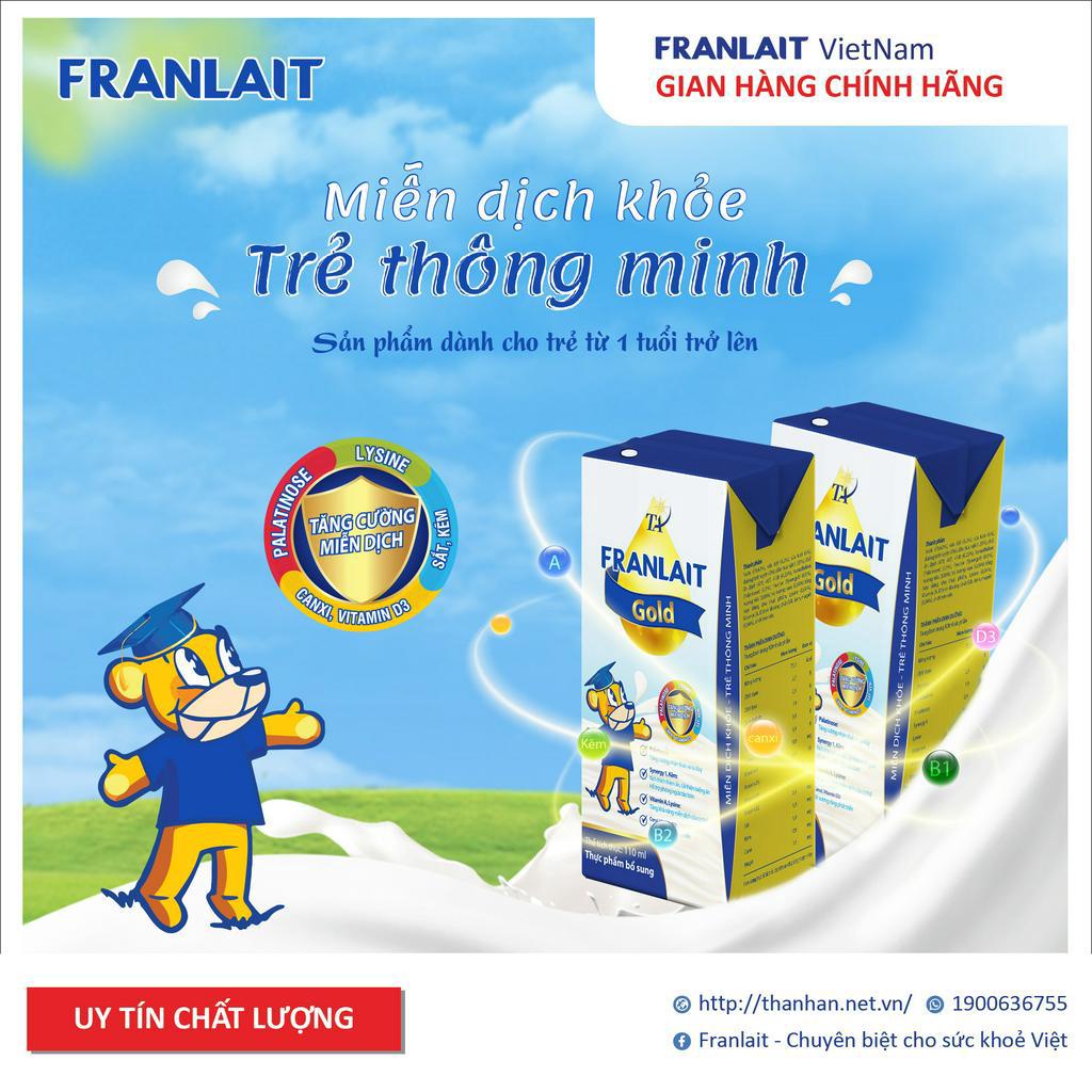 Sữa bột pha sẵn Franlait Gold cho trẻ từ 1 tuổi trở nên. Thùng 48 hộp, thể tích 110ml.