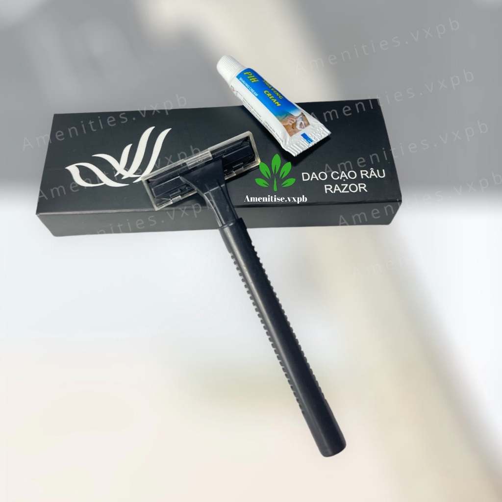 Combo 100 dao cạo râu cán nhựa đen hộp cánh chim cho khách sạn, resort, homestay,villa logo