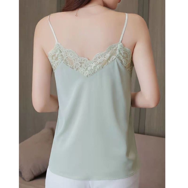 Áo Hai Dây Vải Voan Phối Ren Màu Trơn Thời Trang Quyến Rũ Dành Cho Nữ
