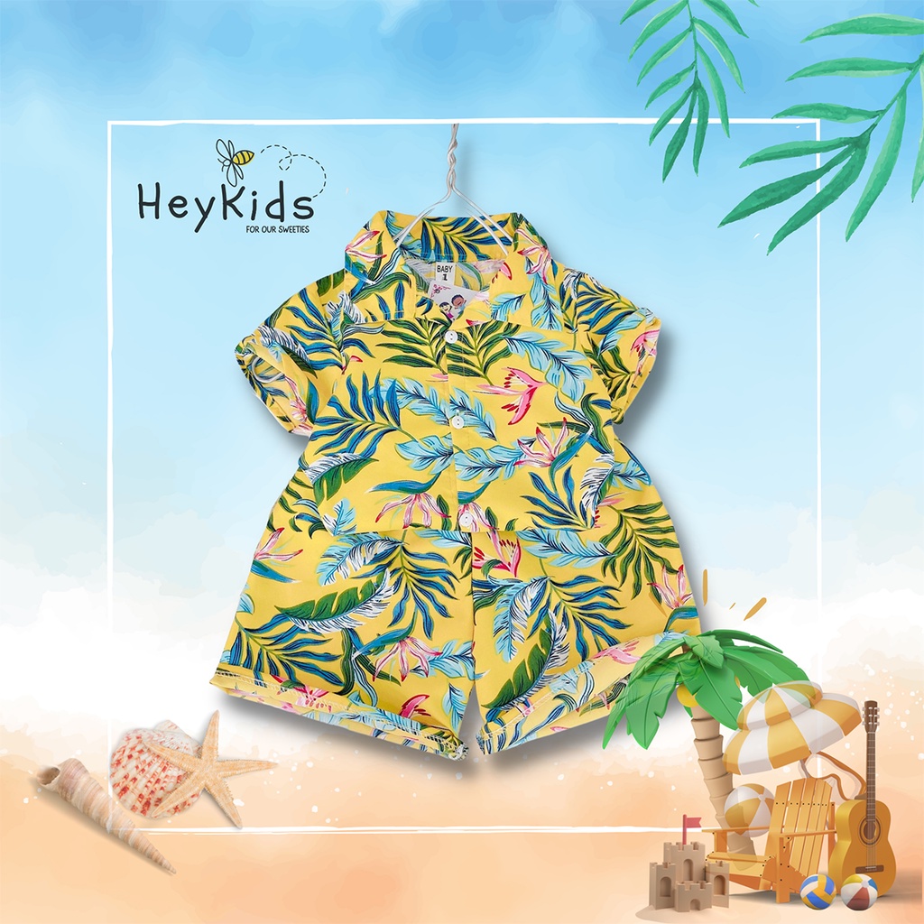 Set cộc Hawaii đi biển chất Kate họa tiết hoa lá rực rỡ cho bé trai và bé gái mặc hè (10-20kg)