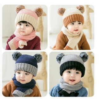 Siêu Phẩm - Mũ Len 2 Quả Bông Kèm Khăn Quàng Cổ Cho Bé MS02 Cực Ấm