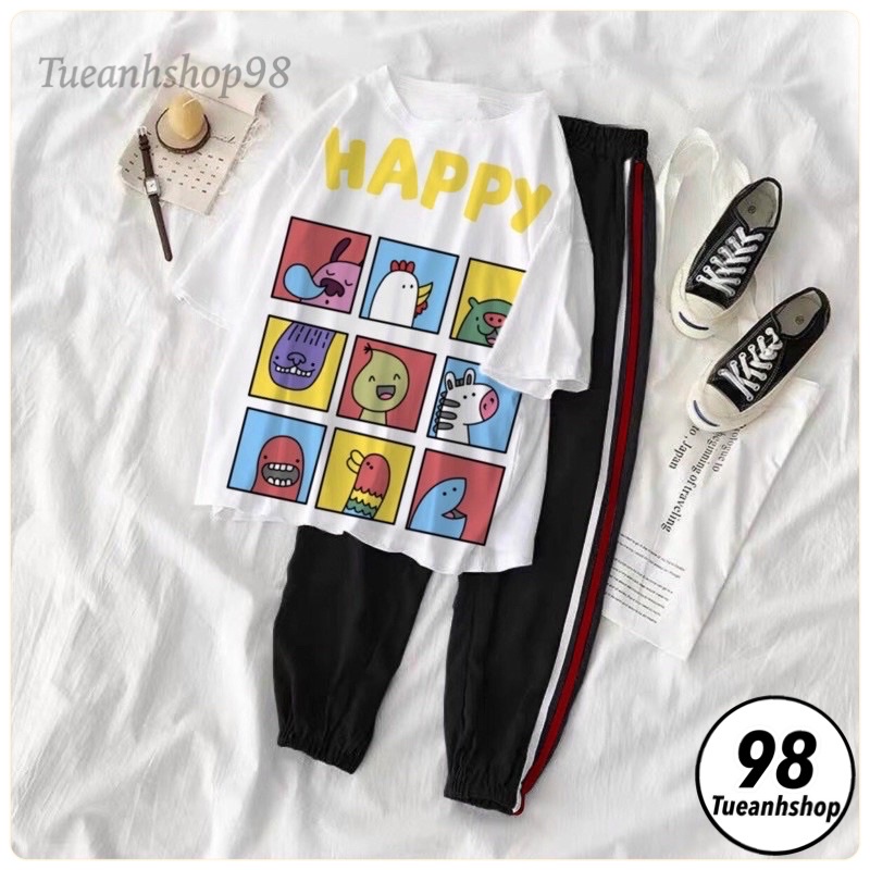 Set bộ dài 3D Cartoon áo Happy quần jogger da cá sọc - Set Đồ Bộ Nữ Quần Dài Thể Thao Freesize 38-70kg