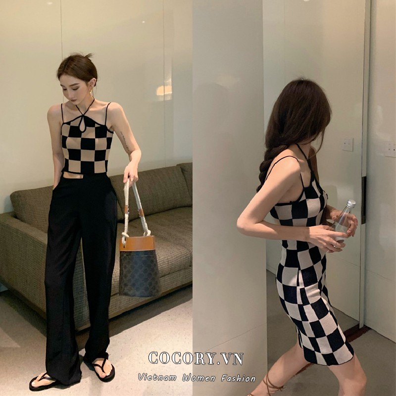 Đầm Mini / Áo croptop mỏng có dây treo họa tiết kẻ ô phong cách cổ điển gợi cảm cho nữ