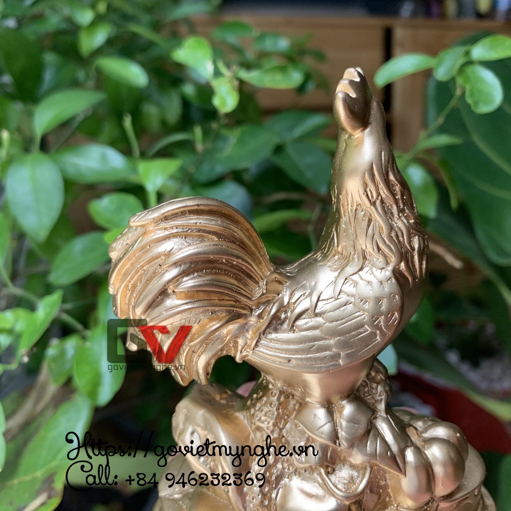 Tượng đá con gà trống trang trí phong thủy để bàn làm việc - Cao 12cm - Màu nhũ đồng