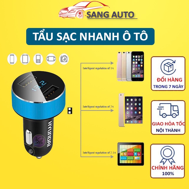 Tẩu Sạc Xe Ô Tô Hãng Hyundai Model HY-36 Chia 2 Cổng USB nhỏ gọn sạc điện thoại trên oto nho gon