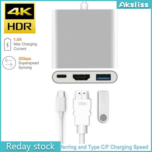 AKS USB Type C Hub HDMI 4K Adapter USB-C to Converter with 3.0 USB and 3.1 Charging Port for Retina MacBook