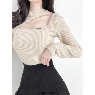 Áo len dệt kim nữ cổ lọ xẻ ngực dài tay thun gân thời trang Hàn Quốc thu đông VM Shop 21TU12N16061