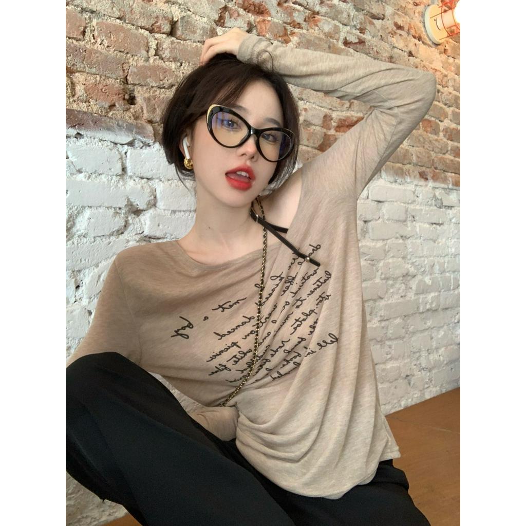 Áo Thun Tay Dài Hở Vai Dáng Ôm Mỏng Chống Nắng Thiết Kế Đơn Giản Cho Nữ