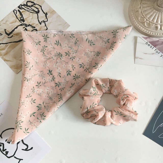 Bộ khăn bandana + scrunchies vải chiffon hoa nhí