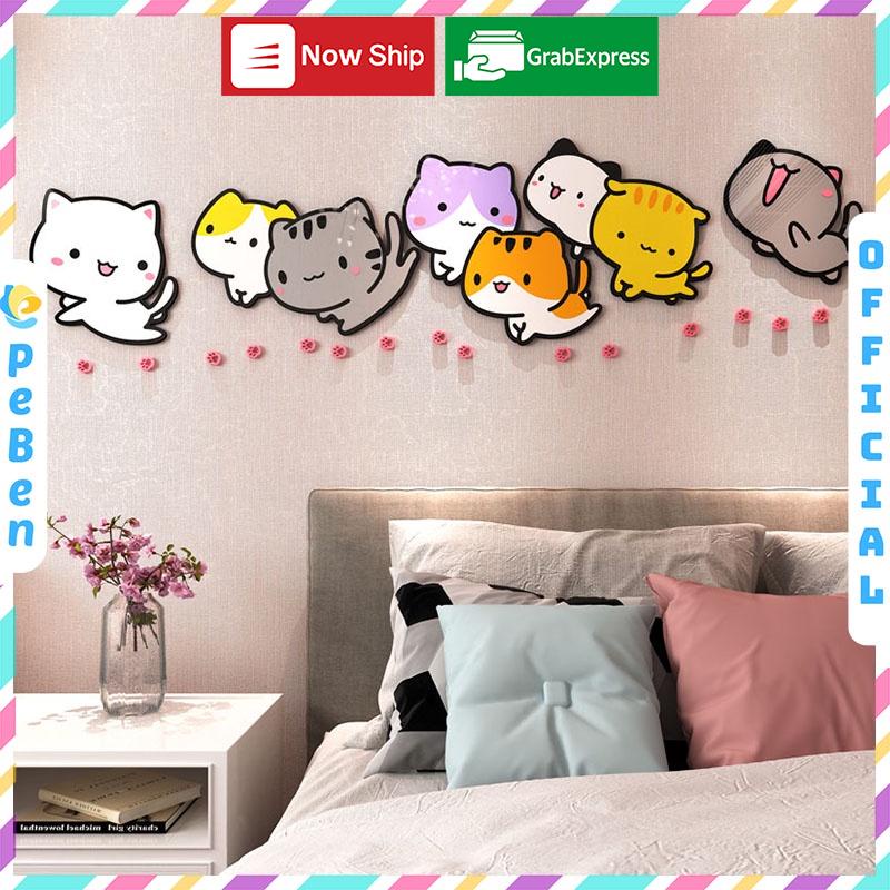 Tranh dán tường mica 3d decor khổ lớn hoạt hình những chú mèo con dễ thương trang trí mầm non Nhiều Size - EPeBen
