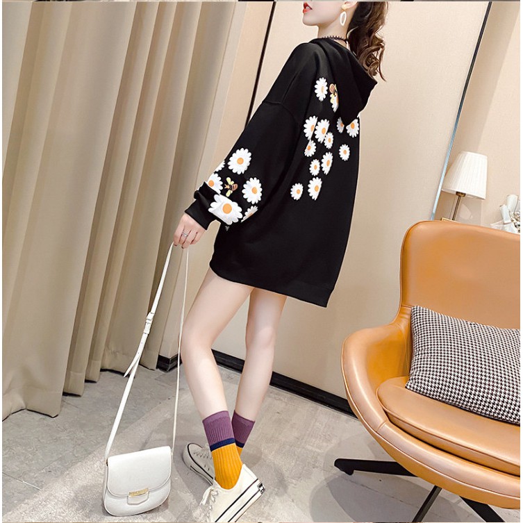 ÁO HOODIE NỮ FORM DÀI RỘNG HỌA TIẾT HOA CÚC HOT TREND 2021