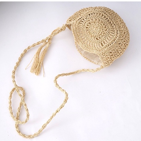Túi cói tròn đeo chéo - họa tiết Hoa hướng dương - phụ kiện tua rua hột gỗ - phong cách Vintage