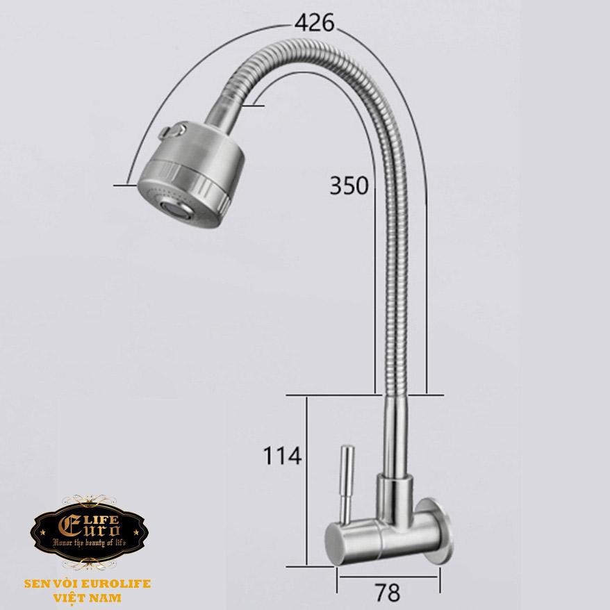 Vòi rửa chén lạnh âm tường, cần lò xo Inox SUS 304 Eurolife EL-RC10