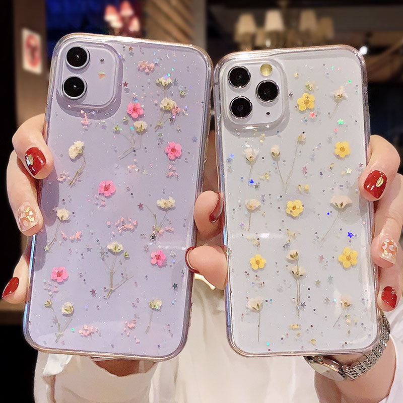 Ốp điện thoại TPU mềm trong suốt họa tiết hoa khô ép cho IPHONE 11 PRO 12 13 Pro Max 12 13 Mini X 6 6S 7 8 PLUS 11 PRO MAX XR XS MAX