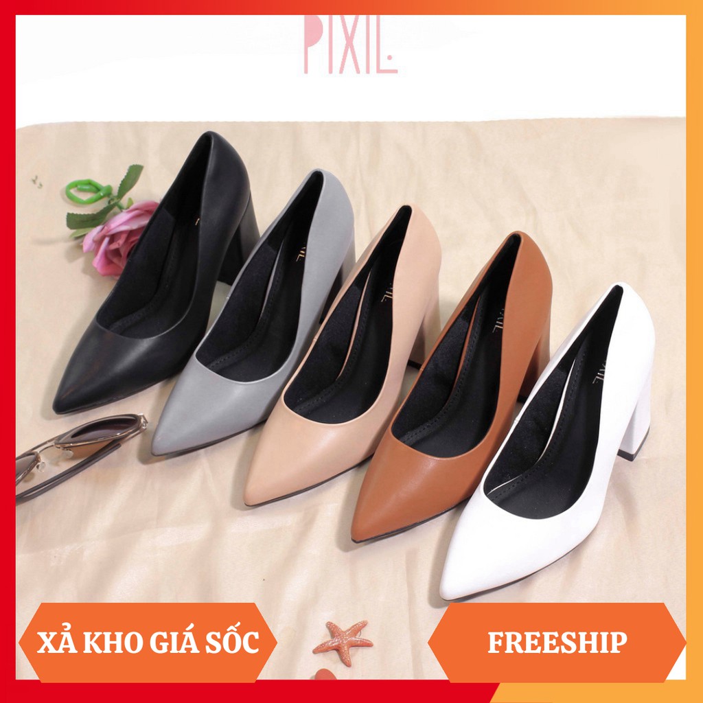 Giày Cao Gót 8cm Đế Vuông Mũi Nhọn Basic Màu Đen Pixie P159