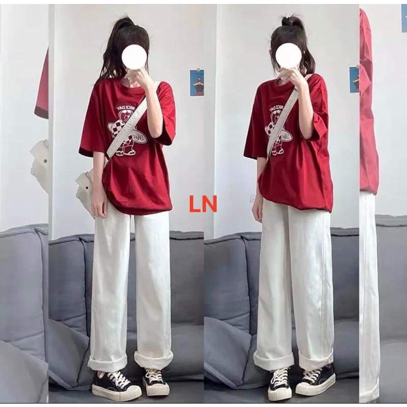 Set đồ nữ,đồ bộ nữ bigsize áo phông in gấu đỏ form thụng tay lỡ kèm quần ống rộng trắng mặc nhà đi chơi