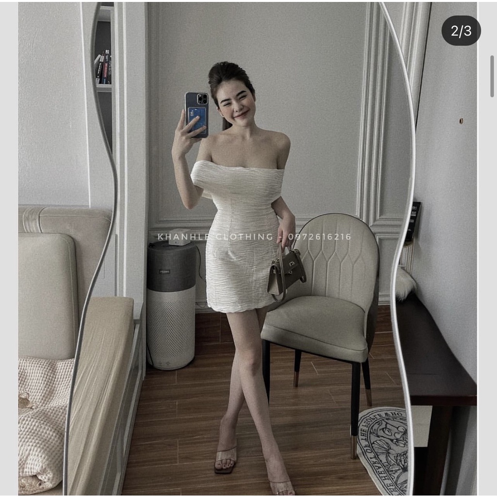 Váy Trễ Vai , Váy Body Ngang Vai Hoạ Tiết Sóng Kèm Quần Trong